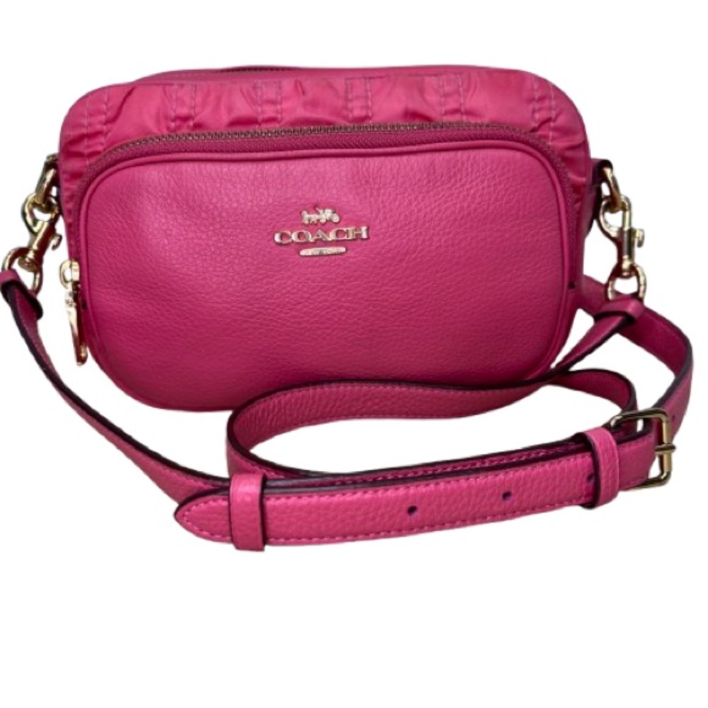 Coach Court Crossbody Hot Pink Ruched Double Zip Leather Nylon Gold Hardware